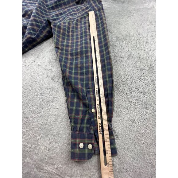 90s Tommy Hilfiger Men Medium Navy Green/Red Lion Crest Plaid Button-Down Shirt - Picture 6 of 11